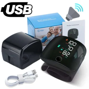 Digital Wrist Blood Pressure Monitor with USB cable, storage case, and product box.